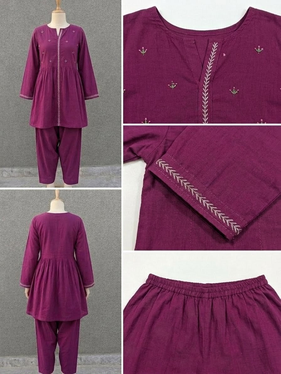 2-Piece Hand-Embroidered Lawn Dress – Deep Plum