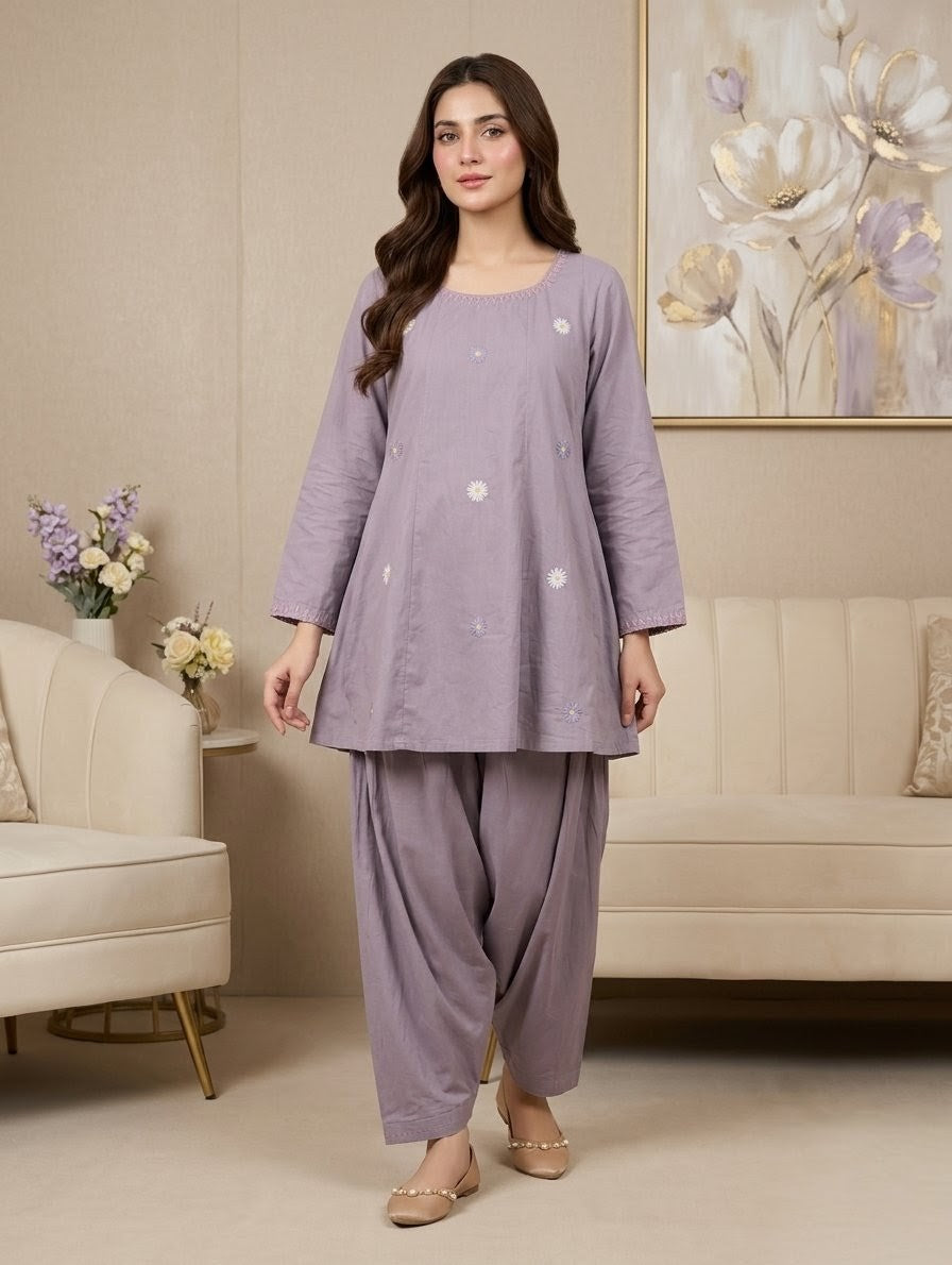 2-Piece Hand-Embroidered Lawn Dress – Lavender