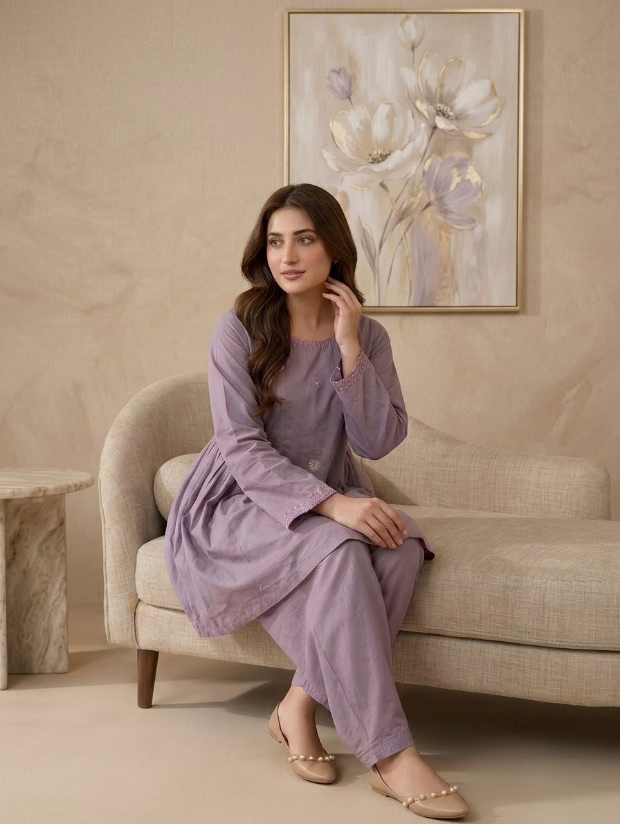 2-Piece Hand-Embroidered Lawn Dress – Lavender