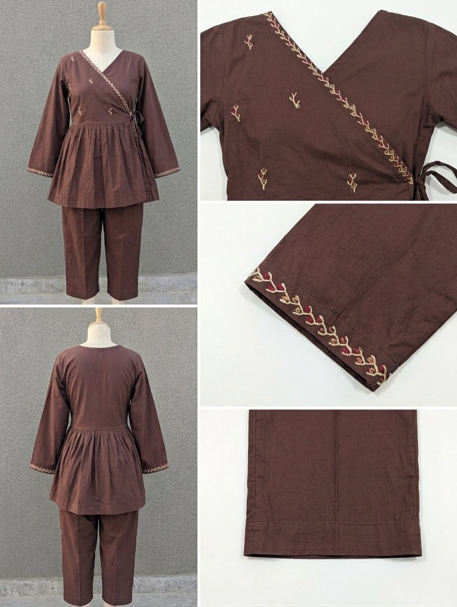 2-Piece Hand-Embroidered Lawn Dress – Chocolate Brown