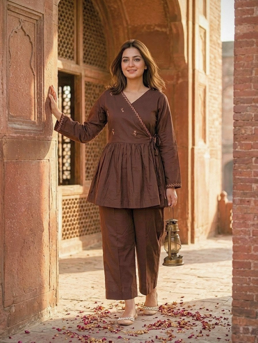 2-Piece Hand-Embroidered Lawn Dress – Chocolate Brown