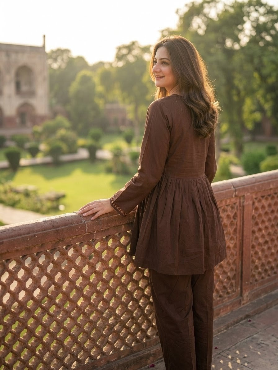2-Piece Hand-Embroidered Lawn Dress – Chocolate Brown
