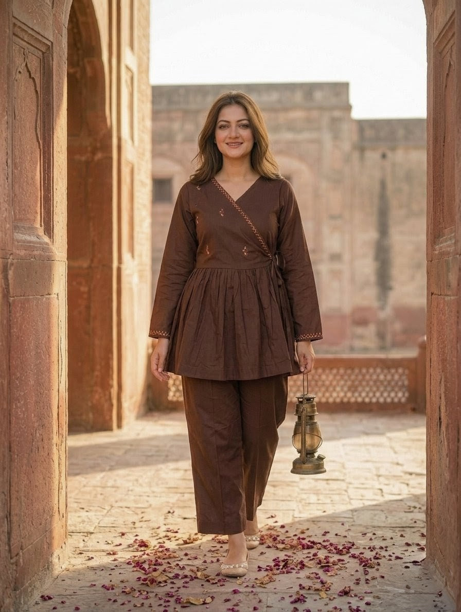 2-Piece Hand-Embroidered Lawn Dress – Chocolate Brown