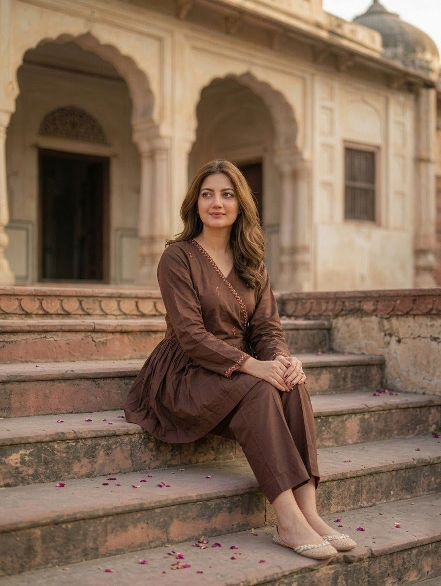 2-Piece Hand-Embroidered Lawn Dress – Chocolate Brown
