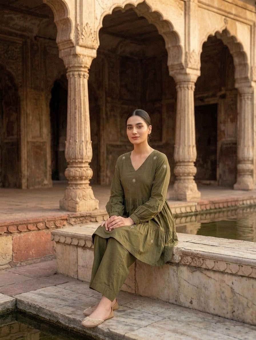 2-Piece Hand-Embroidered Lawn Dress – Olive Green