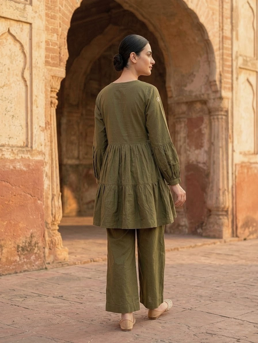 2-Piece Hand-Embroidered Lawn Dress – Olive Green