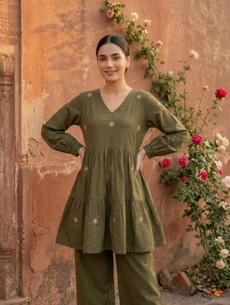 2-Piece Hand-Embroidered Lawn Dress – Olive Green
