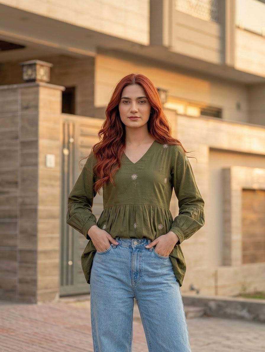 Hand Embroidered Shirt (Only) 1 Piece – Olive Green