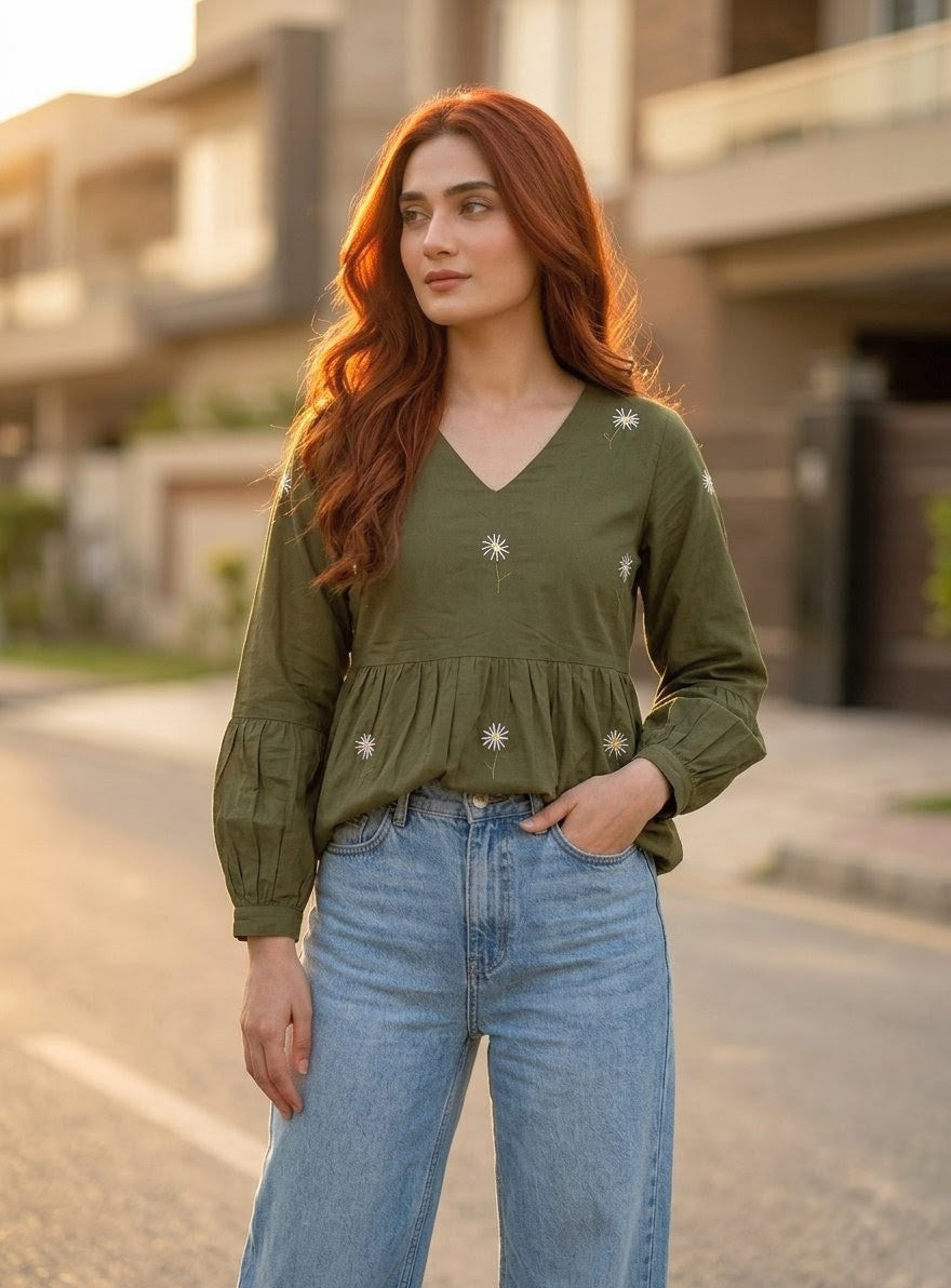 Hand Embroidered Shirt (Only) 1 Piece – Olive Green