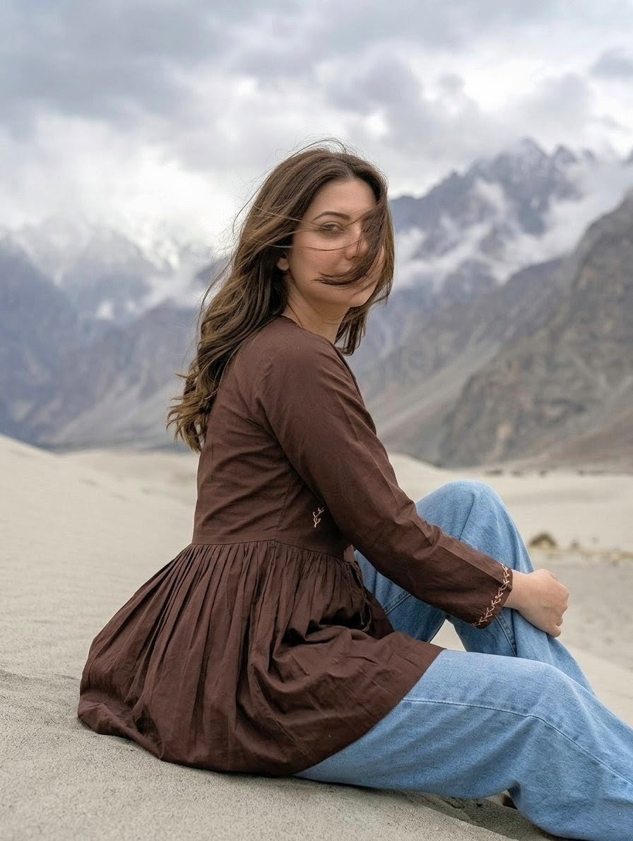 Hand Embroidered Shirt (Only) 1 Piece – Chocolate Brown