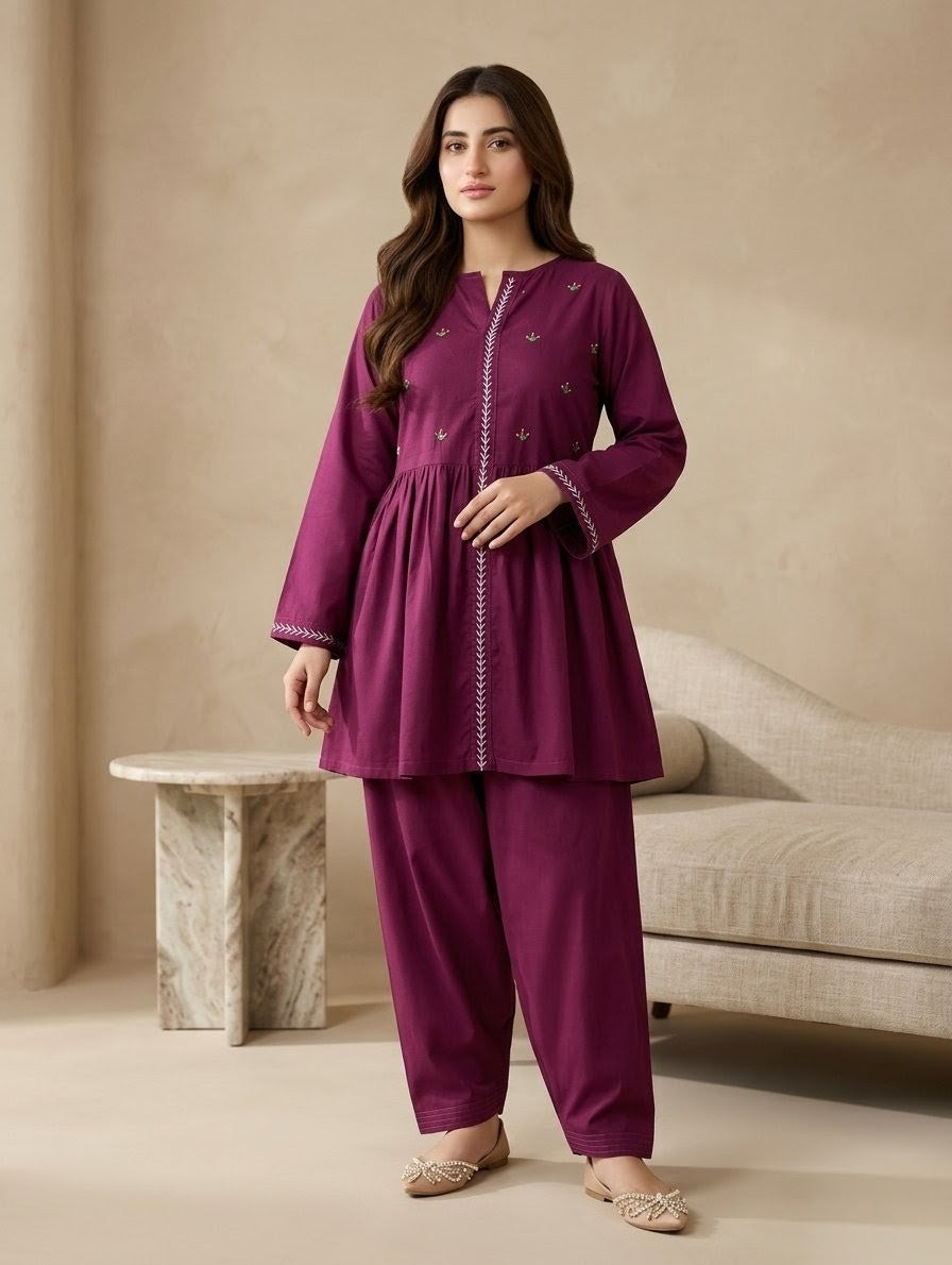 2-Piece Hand-Embroidered Lawn Dress – Deep Plum