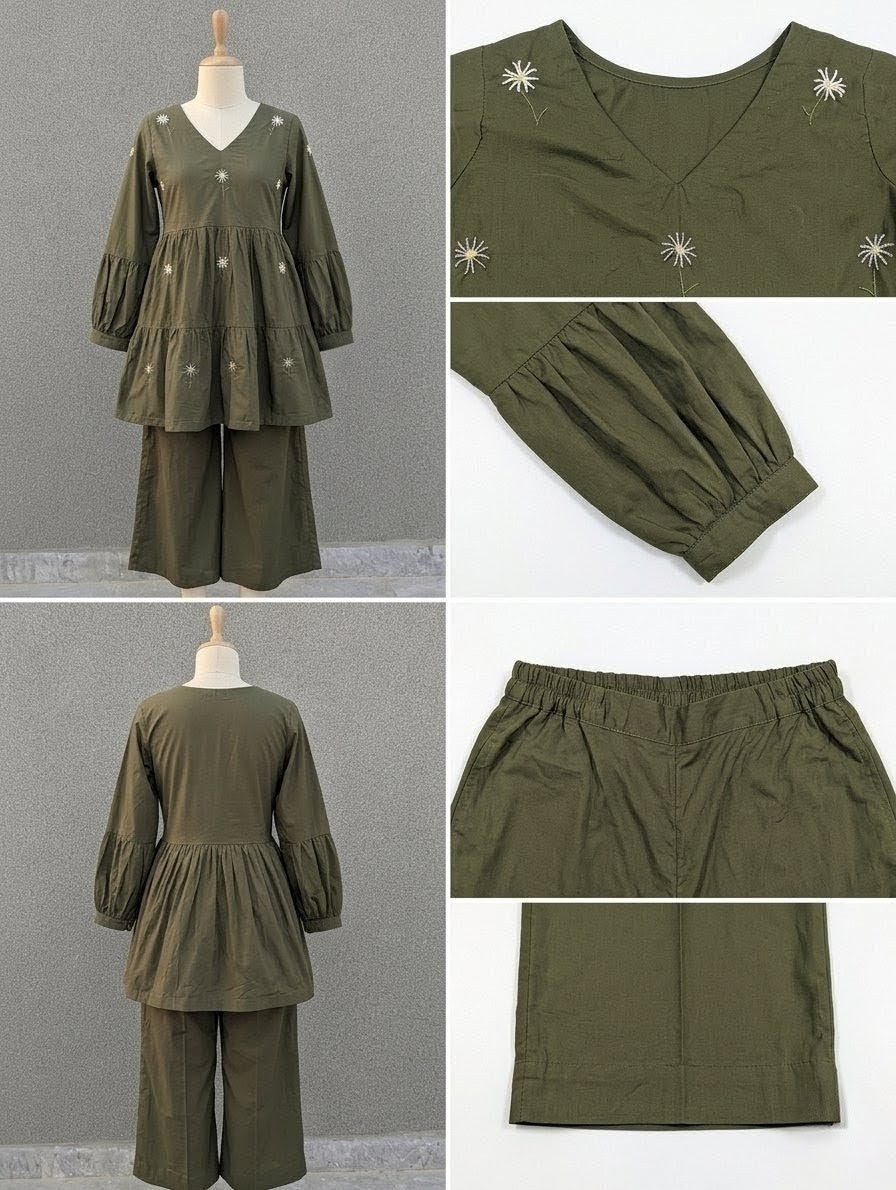 2-Piece Hand-Embroidered Lawn Dress – Olive Green