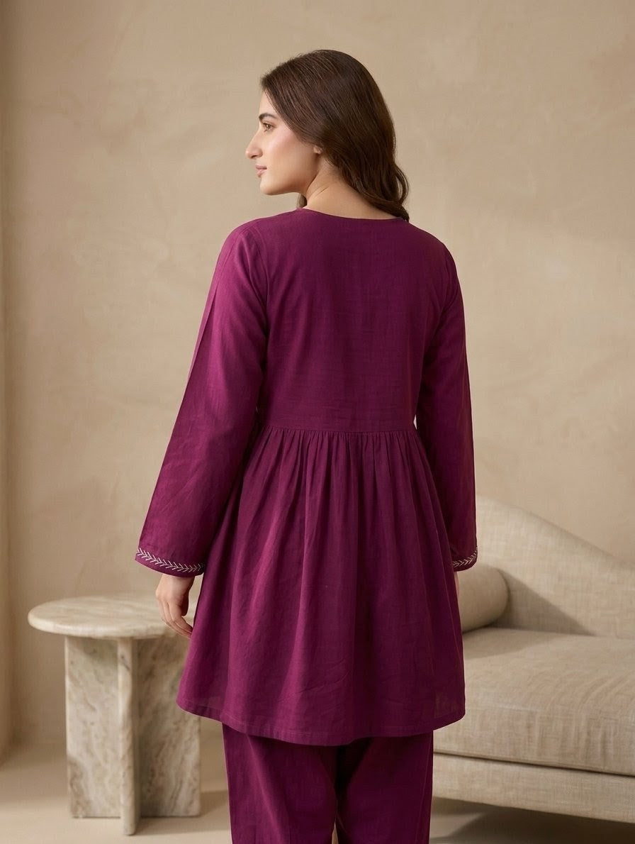 2-Piece Hand-Embroidered Lawn Dress – Deep Plum