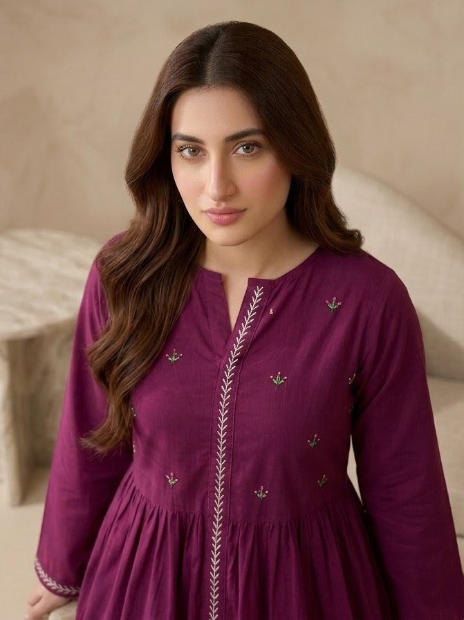 2-Piece Hand-Embroidered Lawn Dress – Deep Plum