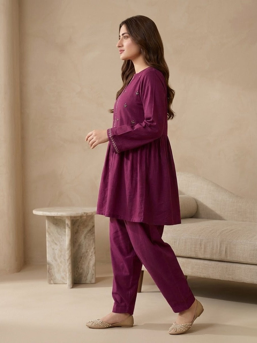 2-Piece Hand-Embroidered Lawn Dress – Deep Plum