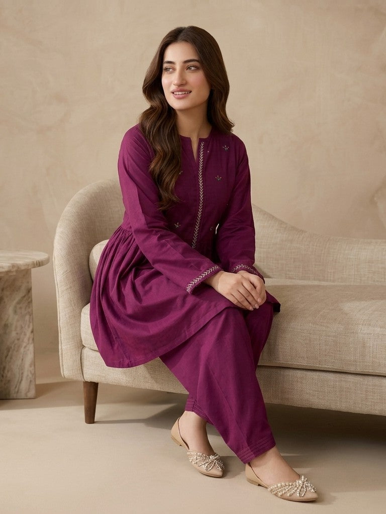 2-Piece Hand-Embroidered Lawn Dress – Deep Plum